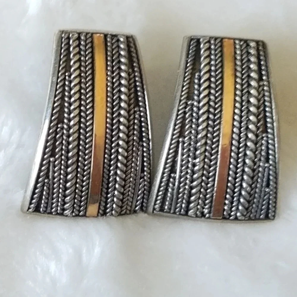 Vintage 1980s Modernist Southwest Artisan Sterling Earrings Mixed Metal